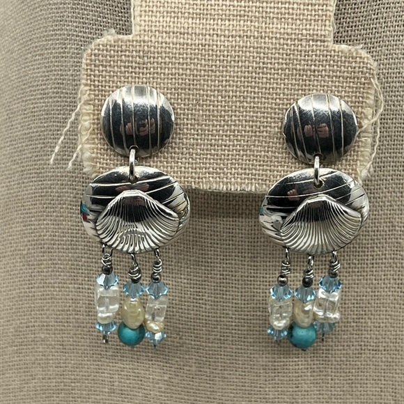 90's Handmade Sterling Silver Double Shell Earrings with Turquoise - Picture 8 of 16